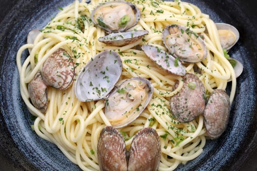 Close up of Vongole spaghetti in a dish