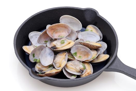 Japanese traditional cuisine, Sake steamed clams, Sakamushi, on white backgeound　
