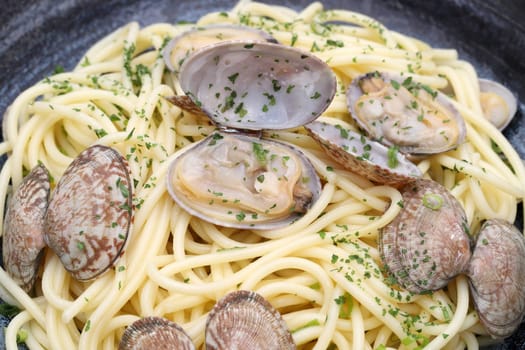 Close up of Vongole spaghetti in a dish