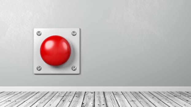 Red Button Against Gray Wall in the Room with Copy Space 3D Illustration