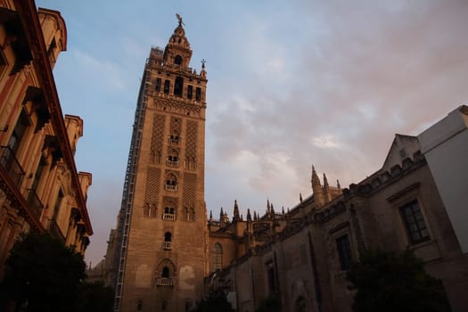 Seville, Spain - June 8 2019: sunset view of Torre la Giralda