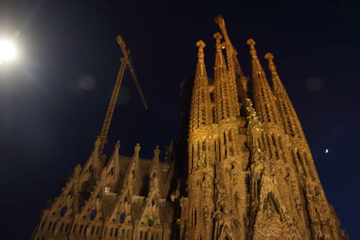 Barcelona, Spain - June 7 2019: night view of the Sagrada Familia facade