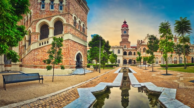Sunset view from pedestrian bridge of Sultan Abdul Samad Building at Merdeka square, Kuala Lumpur, Malaysia. Panorama
