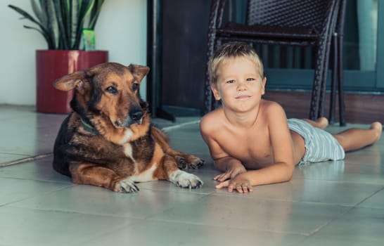 Portrait of a boy with dog. Self isolation at home