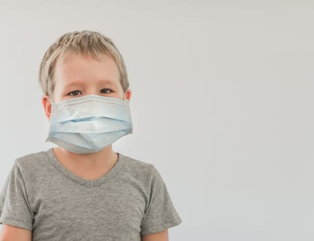 Boy wearing facial disposable mask to avoid viral infection. Stop coronavirus