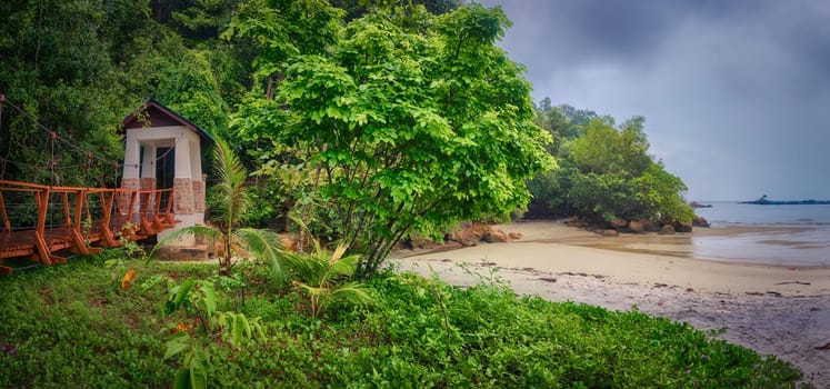 Footbridge at Penang national park at rainy day, Malaysia. Panorama