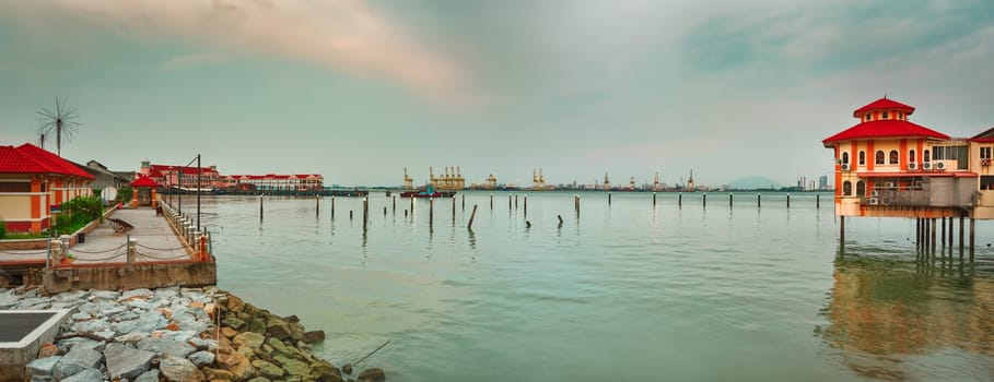 Georgetown coastline at sunset time, Penang, Malaysia. Panorama
