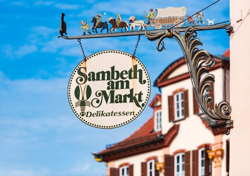 Bad Mergentheim, Germany - September 24, 2014: Old sign on market shop in Bad Mergentheim, Bavaria, Germany, Europe.