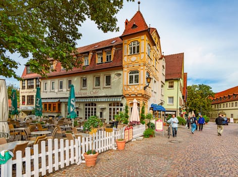 Bad Mergentheim, Germany - September 24, 2014: Old house with cafe in German town Bad Mergentheim, Bavaria, Germany