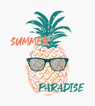 Summer paradise text art illustration, pineapple wears sunglasses, trendy hipster seasonal background. Tropical and exotic vibes, holiday and vacation concept. Ananas citrus fruit isolated on white.
