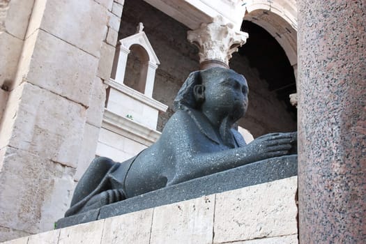 Egyptian Sphinx at the Peristyle, square in front of the cathedral of Saint Domnius, placed in the Palace of Diocletian in historic center of Split, Croatia