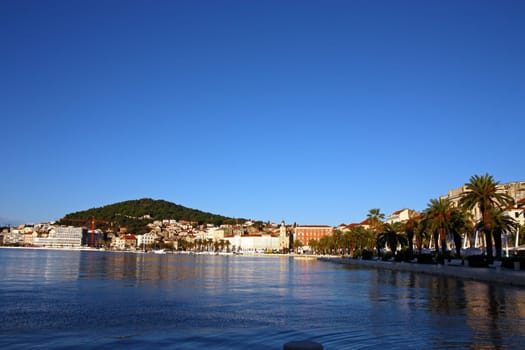 View of Split harbor and Marjan Hill in the early morning, Croatia