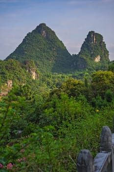 Beautiful green, lush and dense karst mountain landscape in Yangshuo, Guangxi Province, China