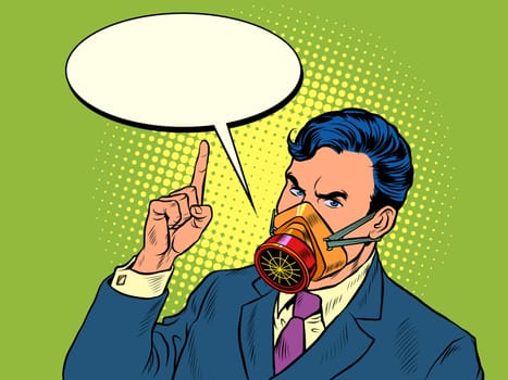 Quarantine epidemic. A politician or businessman warns of danger. stay at home. Full face protective mask. Pop art retro vector illustration kitsch vintage 50s 60s style