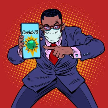 African businessman panic coronavirus online information. Pop art retro vector illustration kitsch vintage 50s 60s style