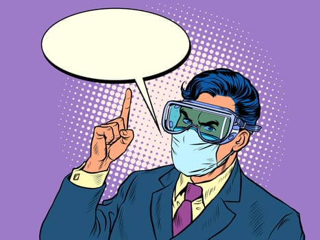Stay at home. Quarantine warning policy. A politician in a medical mask. Pop art retro vector illustration kitsch vintage 50s 60s style