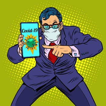 businessman panic coronavirus online information. Pop art retro vector illustration kitsch vintage 50s 60s style