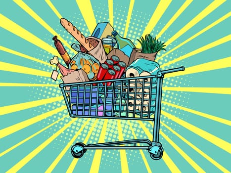 a grocery cart full of purchases. Pop art retro vector illustration kitsch vintage 50s 60s style