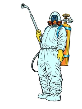 disinfection suit protection epidemic virus bacterium infection. Pop art retro vector illustration kitsch vintage 50s 60s style