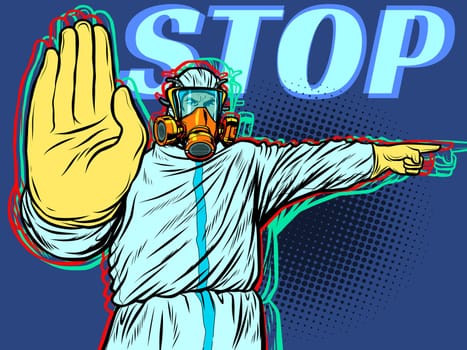 Medic quarantine stop protection suit. Pop art retro vector illustration kitsch vintage 50s 60s style