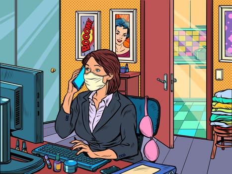 woman work at home freelance epidemic self isolation quarantine. Pop art retro vector illustration kitsch vintage 50s 60s style
