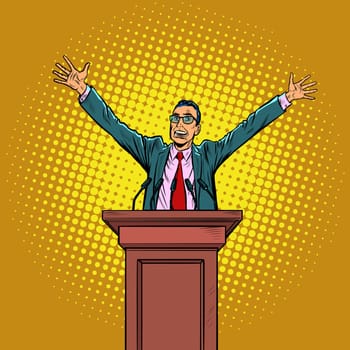 happy politician man on the podium. Pop art retro vector illustration kitsch vintage 50s 60s style