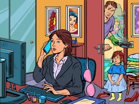 woman work at home freelance epidemic self isolation quarantine. Pop art retro vector illustration kitsch vintage 50s 60s style
