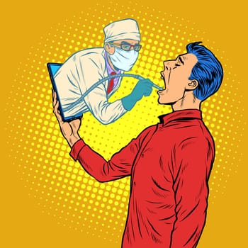 remote work online help. dentist drills a tooth. Pop art retro vector illustration kitsch vintage 50s 60s style
