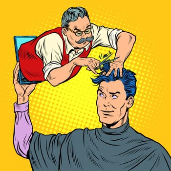 remote work online help. a male Barber makes a haircut. Pop art retro vector illustration kitsch vintage 50s 60s style