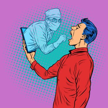 remote work online help. doctor takes a swab from the throat. Pop art retro vector illustration kitsch vintage 50s 60s style
