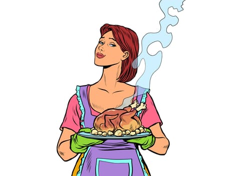 Woman with ready fried poultry chicken duck. Isolate on a white background. Pop art retro vector illustration kitsch vintage 50s 60s style