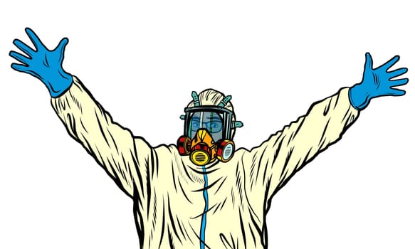 Medic quarantine stop protection suit. Pop art retro vector illustration kitsch vintage 50s 60s style