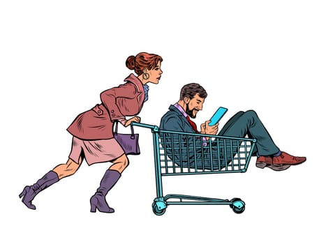 Woman with a man in a shopping cart in a supermarket. Pop art retro vector illustration kitsch vintage 50s 60s style