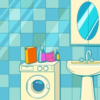 bathroom with washing machine and washbasin background. Pop art retro vector illustration kitsch vintage 50s 60s style