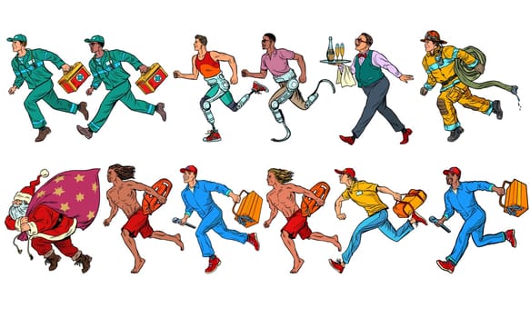 A set of collection business services. Rescue repairman Santa firefighter athlete disabled courier. Pop art retro vector illustration kitsch vintage 50s 60s