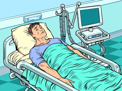 medical ventilator machine. heavy patient in intensive care. the epidemic of the coronavirus, pneumonia. Pop art retro vector illustration kitsch vintage 50s 60s style