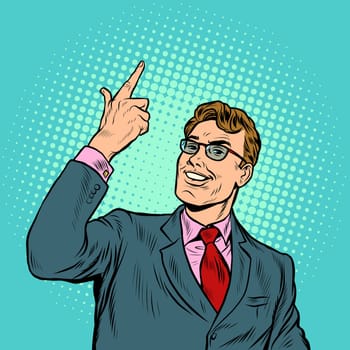 The businessman smiles a greeting gesture. Pop art retro vector illustration vintage kitsch 50s 60s style