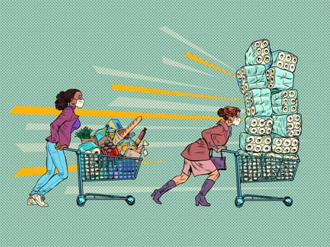 panic epidemic masked women in a supermarket. Pop art retro vector illustration kitsch vintage 50s 60s style