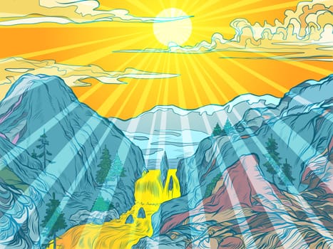 mountains sun river mountain resort or natural Park. Pop art retro vector illustration vintage kitsch 50s 60s style