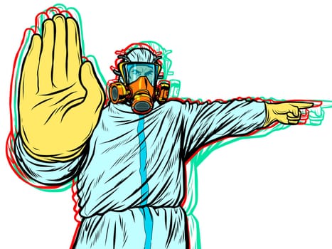 Medic quarantine stop protection suit. Pop art retro vector illustration kitsch vintage 50s 60s style