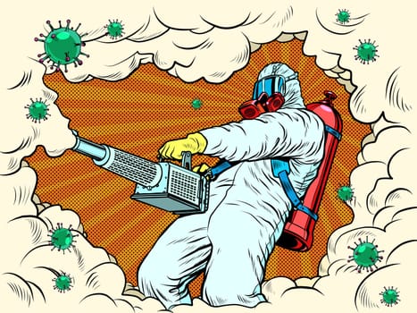 disinfection suit protection epidemic virus bacterium infection. Pop art retro vector illustration kitsch vintage 50s 60s style