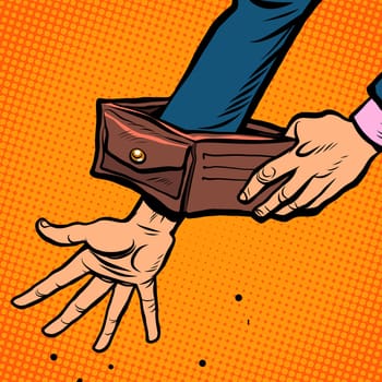 Bankruptcy businessman. Empty wallet. Economic crisis Pop art retro vector illustration kitsch vintage 50s 60s style