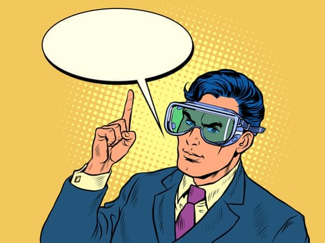 Businessman in a mask that protects his eyes. Pop art retro vector illustration kitsch vintage 50s 60s style