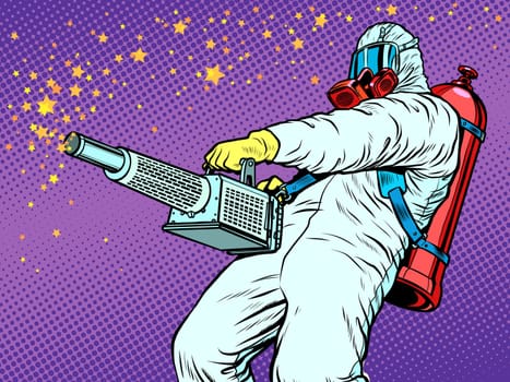 disinfection suit protection epidemic virus bacterium infection. Pop art retro vector illustration kitsch vintage 50s 60s style
