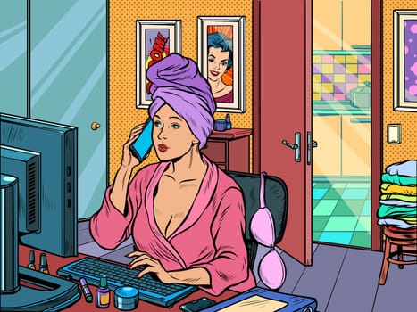 woman work at home freelance epidemic self isolation quarantine. Pop art retro vector illustration kitsch vintage 50s 60s style