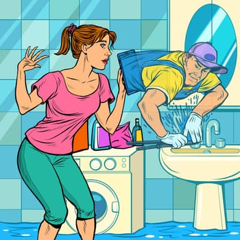 remote work online help. a male plumber fixes a leak. Pop art retro vector illustration kitsch vintage 50s 60s style