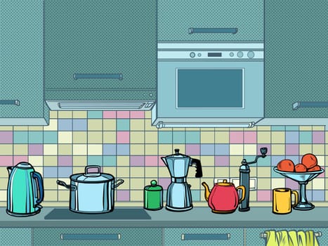 home kitchen mockup background. Pop art retro vector illustration kitsch vintage 50s 60s style