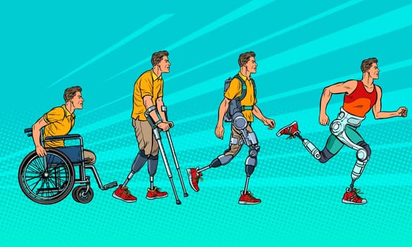 Evolution of rehabilitation. man leg prosthesis. Pop art retro vector illustration vintage kitsch 60s 50s