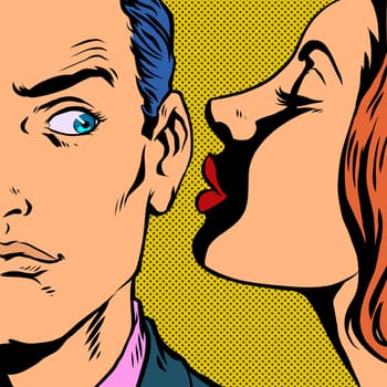 man and woman whispering a secret. Pop art retro vector illustration vintage kitsch 50s 60s style