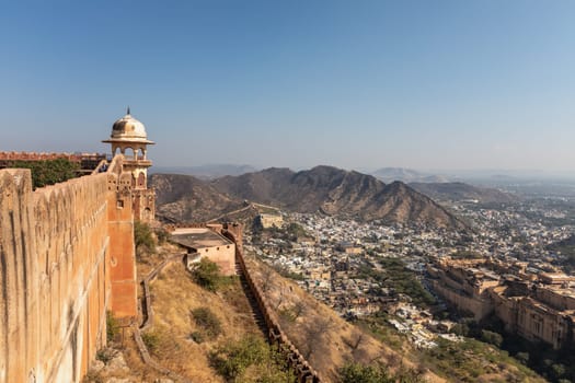 Jaigarh fort wall, aerial view in Jaipur, India.
